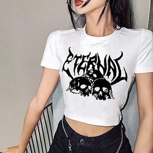 Sexy Punk Goth Crop Tops Vrouwen Zomer Zwart Skull Print Harajuku O-hals Slanke Vintage 90s Ins Streetwear T-shirt