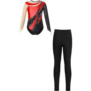 NUOYIXUAN Gymnastiekpak met lange mouwen en leggings, baldans turnpakje, bodysuit van strass voor meisjes (rood, 16)