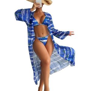 Badmode dames split 3-delig bedrukt bikini badpak met lange mouwen, Blauw, XL
