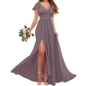 Chiffon bruidsmeisjes jurken met mouw - V-hals Empire taille plooi formele jurk, Mauve, 36