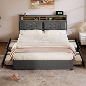 Idemon Tweepersoonsbed met 4 laden en USB C-stopcontact, gestoffeerd bed, in hoogte verstelbaar hoofdeinde, lattenbodem van hout (zonder matras) (grijs, 140x200 cm)
