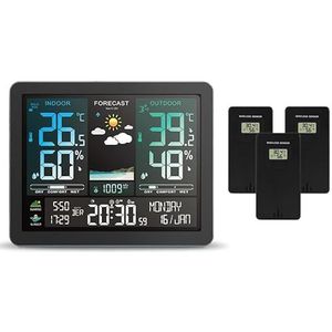 Multifunctioneel weerstation Wekker Kleurenscherm Zonsopgang- en zonsondergangthermometer Hygrometer met draadloze buitensensor,Nauwkeurig voorspellen(With 3 Black Sensor)