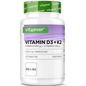 Vitamine D3 - 20.000 I.U. + Vitamine K2 - 200 mcg Menaquinone MK7 - 100 Tabletten - Hoog Gedoseerd - Premium Kwaliteit