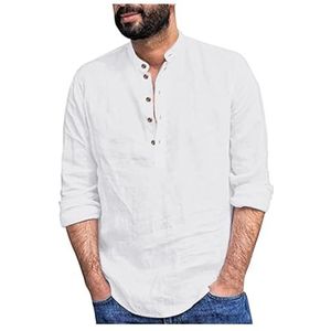 Lente heren overhemd met lange mouwen, opstaande kraag, katoen, linnen, zwart, casual, straat, wit, top, knoop, zomermode, blouses(5,XXXL)