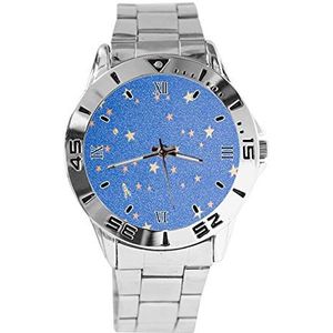 Blauwe Hemel Sterren Mode Heren Horloges Sport Horloge Voor Vrouwen Casual Rvs Band Analoge Quartz Polshorloge, Zilver, armband