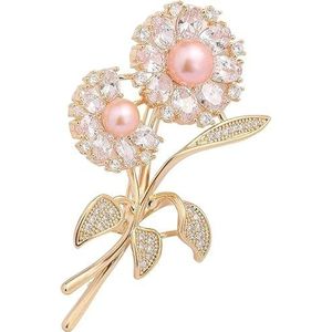 Vrouwen paardenbloem parel zirkonia broche pin, 18K vergulde kristal bergkristal vrouwen bloem broche