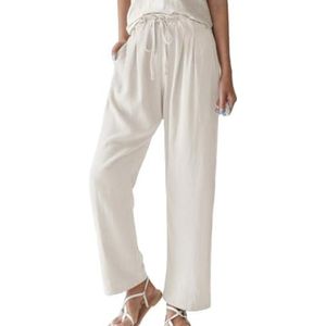 HHuiXinXue Zomerbroek voor dames, brede pijpen, strandbroek, elastische tailleband, casual, losse boho-stoffen broek met zakken, Wit, S