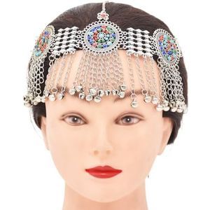 Vintage etnische lange kettingen klokken hoofdtooi munt oorbellen kleurrijke acryl kralen zendspoel Gypsy Tribal Afghaanse jurk sieraden set (Color : B silver jewelry set)