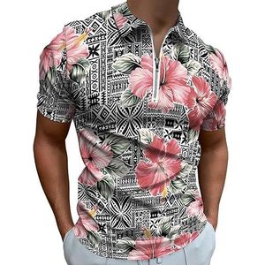 Hawaiiaanse tribal roze hibiscus bloem heren poloshirt golf rits T-shirt korte mouw casual tee spier tops L