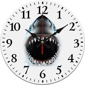 Grote witte haai wandklok stil, niet-tikkend, werkt op batterijen, gemakkelijk af te lezen klok voor thuiskantoor, woonkamerdecoratie