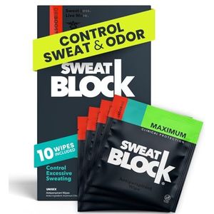 SWEATBLOCK Antitranspiratiedoekjes - Maximale klinische sterkte - Behandel hyperhidrose en overmatig zweten bij mannen, vrouwen en tieners - tot 7 dagen bescherming per doekje - Getest door dermatologen, ongeparfumeerd, 10 kt.