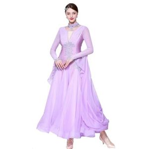 Nationale Standaard Danskleding Voor Dames Ballroom Danswedstrijdjurken Met Strass Waltz Social Dance Rok Tango Wedstrijdkostuum Met Lange Mouwen En Haakjes,Purper,3XL