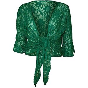 FAIRY TRENDZ LTD Womens 3/4 Mouw Bloemen Kant Voor Tie Up Pailletten Shrug Dames Bolero Stretch Cropped Top Vest, Jade Groen, 50/52 NL