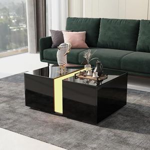 BXEYXE WF300326AAS Moderne hoogglanzende salontafel met afstandsbediening, 16 kleuren ledverlichting, intrekbaar verborgen vak, led-bank, opbergtafel voor woonkamer, 73 x 60 x 34 cm, hoogglans zwart