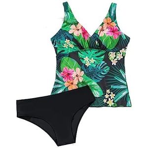 A 202 Badpak Split Nylon Effen Kleur Blad Afdrukken Schouderbanden Dames(Groente,L)