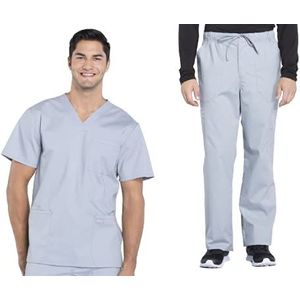 Heren Scrubs Set Workwear Professionals WW695 V-hals Top & WW190 Tapered Leg Fly Front Cargo Broek, Grijs- 5XL Top/5XL Broek