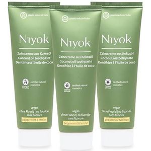 Niyok® Tandpasta van biologische kokosolie ""Pepermunt & Citroen"" (3 x 75 ml) • Natuurlijke tandpasta voor witte tanden • Intensieve verzorging en frisheid • Beschermt het tandvlees • Zonder fluoride