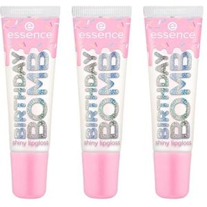 essence BIRTHDAY BOMB shiny lipgloss, 01, transparant, natuurlijk, glanzend, stralend fris, glinsterend, zonder microplasticdeeltjes, zonder nanodeeltjes, 3-pack (3x10 ml)