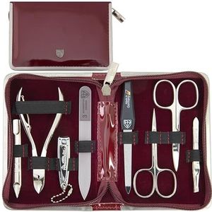 DREI SCHWERTER Germany manicure set nagelset 'Andria' - 8-delig wijnrood kunstlakleer, inhoud: nagelschaar, nageltang, glazen nagelvijl, huidschaar, pincet en nog veel meer!