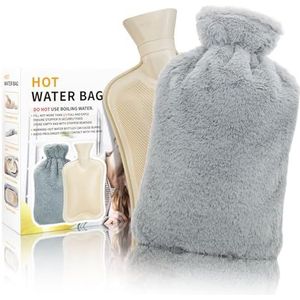 TOHDNC 2 liter warmwaterkruik met pluizige pluche overtrek, warmwaterzak voor pijnverlichting, lekvrije bedfles van natuurlijk rubber voor volwassenen en kinderen (lichtgrijs)