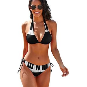 Zwart-wit pianotoetsen dames 2-delige bikini set driehoekige badmode halter string badpakken met stropdas kant M