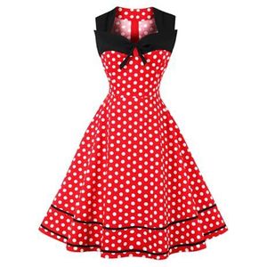 AXOE Dames Feestelijke Jurk 50 Audrey A Lijn Katoen Knielengte Elegante Zomer Cocktail Bruiloft Gast Rood met Witte Stippen, Maat 38, S