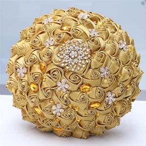 Fasksh Gouden bruidsboeket met zilveren diamant, kunstbloemen broche huwelijk strass bruids bruidsmeisje boeketten (kleur: licht goud 30 cm)