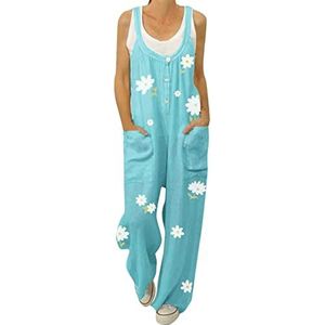 KaloryWee Summer Overalls voor dames, grote maten, rechte wijde pijpen, knoopdetail, jumpsuit, lichtgewicht, losse pasvorm, rompertjes met zakken, B-donkerblauw, XXL