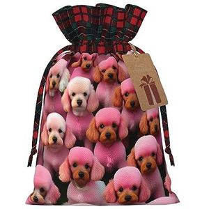 Roze poedels honden herbruikbare geschenktas-trekkoord kerstcadeau tas, perfect voor feestelijke seizoenen, kunst & ambachtelijke tas