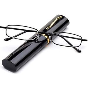 KoKoBin Flexibele metalen leesbril, zichthulp, veerscharnier, leeshulp, uniseks, leesapparaat met brillenkoker zoals penhouder (zwart, +3,5)