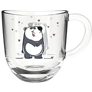 Leonardo Bambini glazen beker, kinderbeker van glas met diermotief, vaatwasmachinebestendige theekop, panda met hartjes, kleurrijk, 1 stuk, 280 ml, 022901