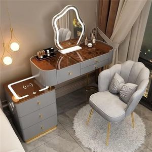 EdNey Vanity Desk Set, met 3-kleuren dimbare verlichte spiegel, 5 laden, gewatteerde kruk, met draadloos oplaadstation en Bluetooth-luidspreker (kleur: grijs+bruin-stoel, maat: 100 cm)
