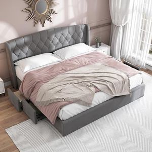 Aunvla Fluwelen gestoffeerd bed, laden van stevig draadvlechtwerk, tweepersoonsbed met lattenbodem en 4 bedladen, 180 x 200 cm, zonder matras, grijs