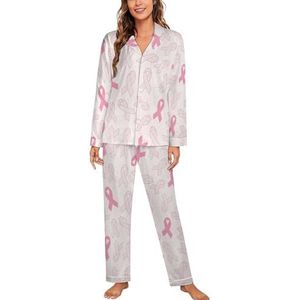 Borstkanker bewustzijn roze linten lange mouwen pyjama sets voor vrouwen klassieke nachtkleding nachtkleding zachte pyjama sets lounge sets
