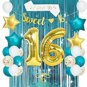 Sweet 16e verjaardagsdecoratie voor meisjes Turquoise, Teal en gouden ballonnen Banner taart Topper Sweet 16 Satin Sash 16 jaar oude verjaardagsfeestje levert