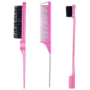 3 Stuks Haarstyling Kam Set Plagen Haar Borstel Rat Staart Kam Rand Borstel voor Rand & Rug Borstelen, Kammen, Slicking Haar voor Vrouwen (Roze)