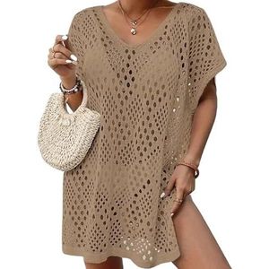 Cover Ups Voor Vrouwen Strandkleding Strandkleding Zomer Vrouwen Strandjurk Badpak Cover Up Mode Holle Haak V-hals Korte Mouw Zonneshirt Bikini Cover Up Badpak Cover Ups Voor Vrouwen (Kaki)