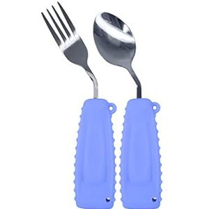 Ehucon Adaptieve gebruiksvoorwerpen, gebogen schuine lepel en vorkset, voor tremors Parkinsons Limited of ouderen, lichtgewicht bestek met antislip gemakkelijke handgrepen (rechterhandlepel en