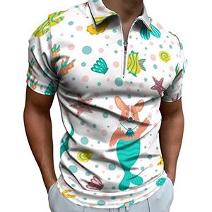 Funny Under Sea Corgi Zeemeermin Poloshirt met ritssluiting T-shirts Casual Korte Mouw Golf Top Classic Fit Tennis Tee