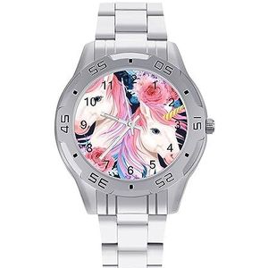 Roze Bloemen Eenhoorn Mannen Polshorloge Mode Sport Horloge Zakelijke Horloges Met Roestvrij Stalen Armband, Stijl, regular