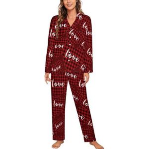 Buffalo Plaid Heart Love Pyjama Sets met Lange Mouwen voor Vrouwen Klassieke Nachtkleding Nachtkleding Zachte Pjs Lounge Sets