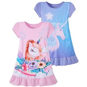 LOLPIP Nachthemden voor meisjes, jurk, kinderen, nachthemden, eenhoorn, nachthemd, set van 2, 3-10 jaar, blauw + roze eenhoorn, 7-8 Jaar
