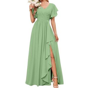 Korte Mouwen Bruidsmeisjesjurken voor Bruiloft Geplooide Chiffon Formele Avondfeest Maxi Jurk met Split AH152, Sage Groen, 32