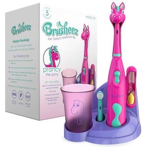 Brusheez® Elektrische tandenborstelset voor kinderen - veilig en effectief voor kinderen vanaf 3 jaar - Ouder getest en goedgekeurd met zachte haren, 2 opzetborstels, spoelbeker, 2 minuten timer en