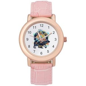 Aquarel Beer En Kompas Vrouwen Lederen Band Horloge Quartz Horloges Gemakkelijk te Lezen Custom Gift voor Dames