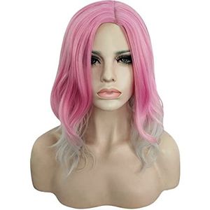 DieffematicJF Pruik Mid Parting Pink Gradual Change Silver White Lady's Long Curly Hair