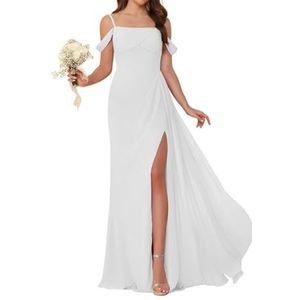 HPPEE Dames koude schouder chiffon bruidsmeisjes jurken met split geplooide formele jurk avondjurk, Wit, 48 grote maten