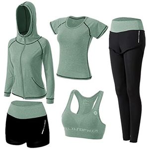 ZETIY Trainingspak voor dames, yoga-kleding, pak van 5 sportpak, joggingpak, gym, fitness, kleding, loopkleding, sportkleding, yoga-outfit, beha, leggings set, groen, XL