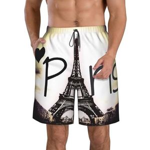 Eiffeltoren Liefde Parijs Print Heren Zwemshorts Trunks Mannen Sneldrogend Ademend Strand Surfen Zwembroek met Zakken, Wit, XXL