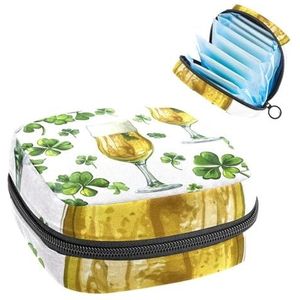 1 x opbergzak voor maandverband, grote maandverband, organizer, herbruikbare eerste menstruatietas voor meisjes, dames, 17 x 17 x 12 cm, St. Patrick's Day groene klaverblaadjes en glazen bier